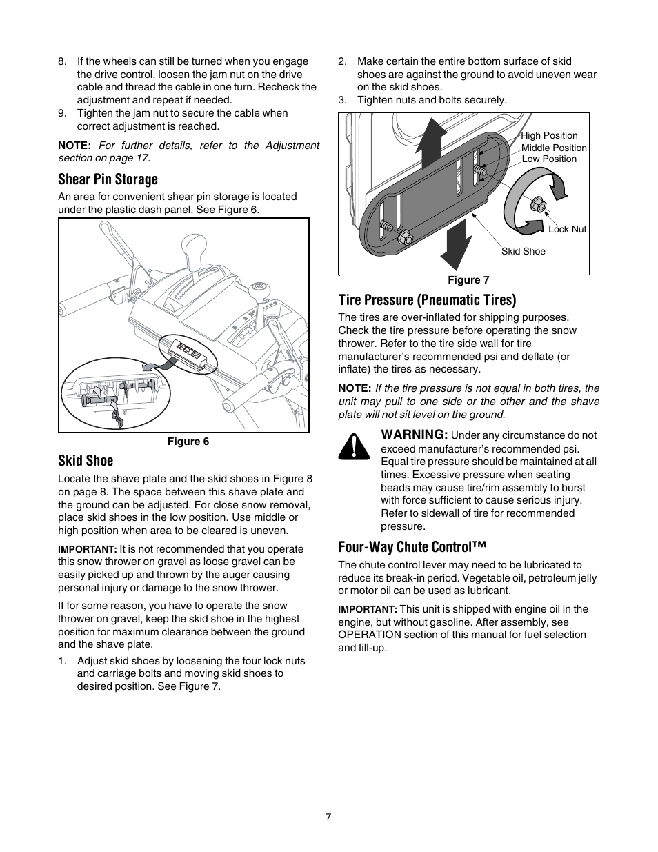 Shear pin storage, Skid shoe, Tire pressure (pneumatic tires) | Four-way chute control | Troy-Bilt 1030 User Manual | Page 7 / 28