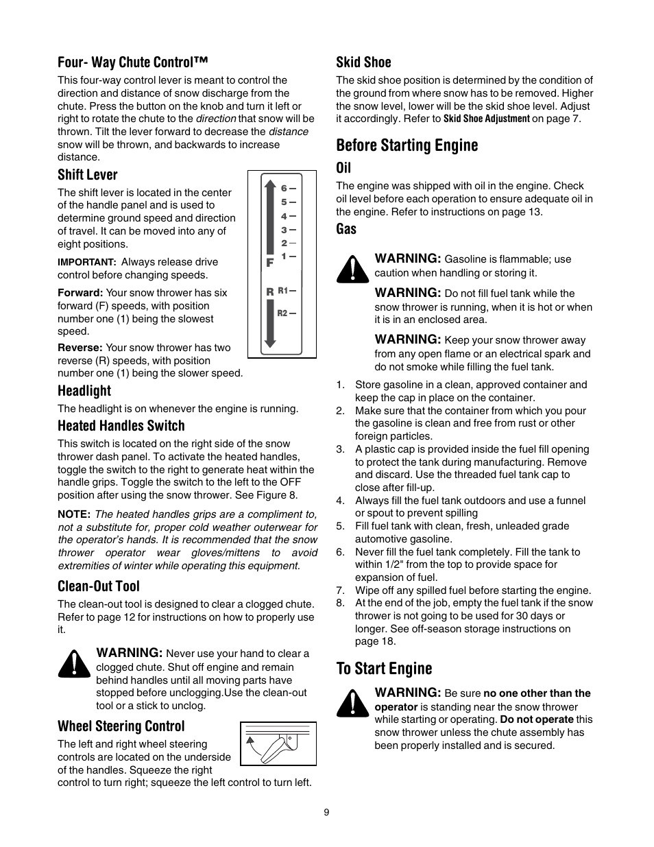 Before starting engine, To start engine, E 9 f | Four- way chute control, Shift lever, Headlight, Heated handles switch, Clean-out tool, Wheel steering control, Skid shoe | Troy-Bilt 1030 User Manual | Page 9 / 28