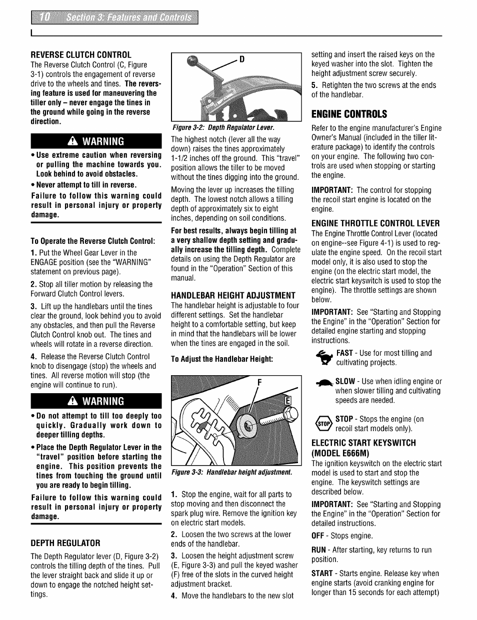 Reverse clutch control, A warning, To operate the reverse ciutch controi | Handlebar height adjustment, To adjust the handlebar height, Depth regulator, Engine throhle control lever, Electric start keyswitch (model e666m) | Troy-Bilt PONY 664DM User Manual | Page 10 / 44