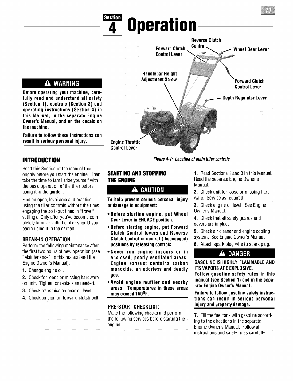 41 operation, A warning, Starting and stopping the engine | A caution, A danger, Operation | Troy-Bilt PONY 664DM User Manual | Page 11 / 44