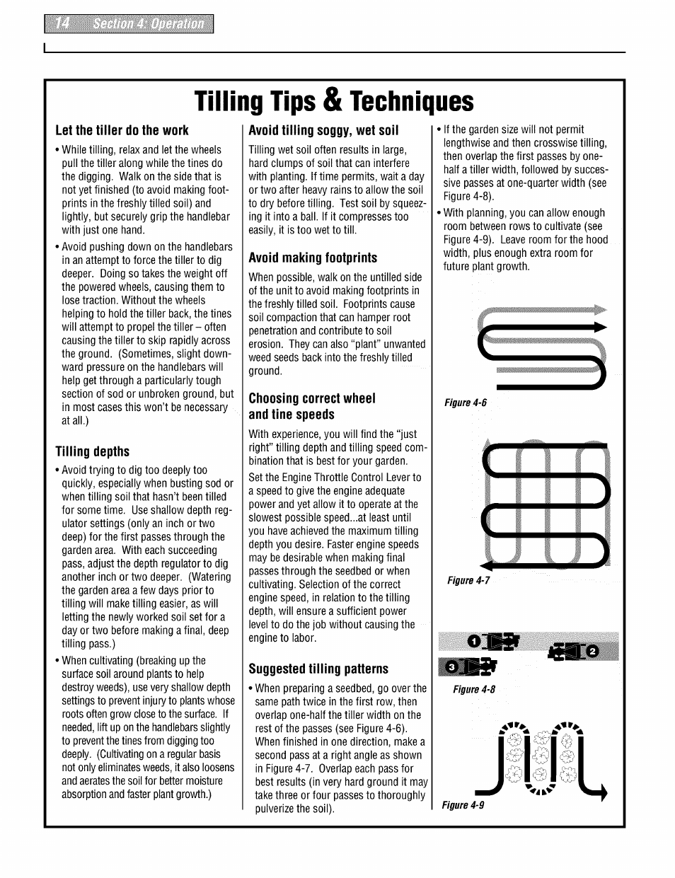 Tilling tips & techniques, Let the tiller do the work, Tilling depths | Avoid tilling soggy, wet soil, Avoid making footprints, Choosing correct wheel and tine speeds, Suggested tilling patterns, If fte | Troy-Bilt PONY 664DM User Manual | Page 14 / 44