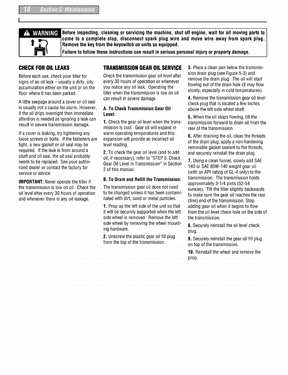 Check for oil leaks, Transmission gear oil service, A. to check transmission gear oil level | B. to drain and refill the transmission, Warning | Troy-Bilt PONY 664DM User Manual | Page 18 / 44