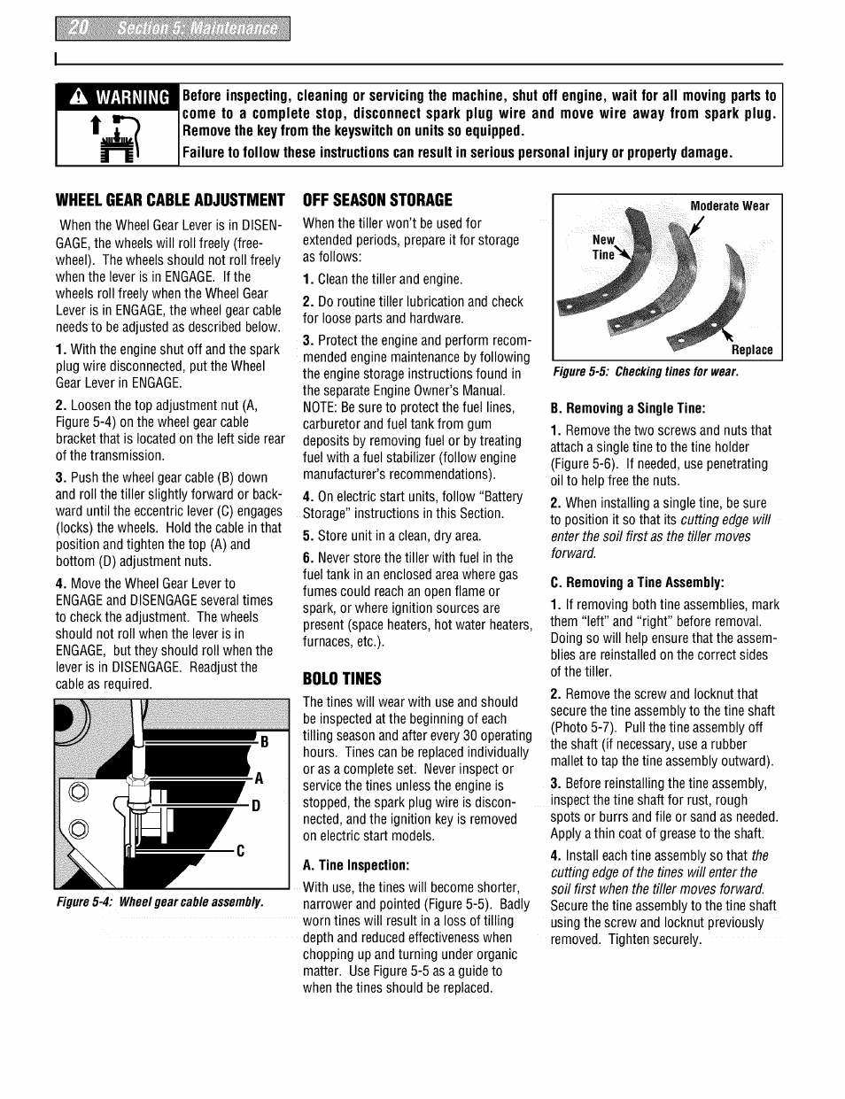 Wheel gear cable adjustment off season storage, Bold tines, A. tine inspection | B. removing a single tine, C. removing a tine assembly, Warning | Troy-Bilt PONY 664DM User Manual | Page 20 / 44