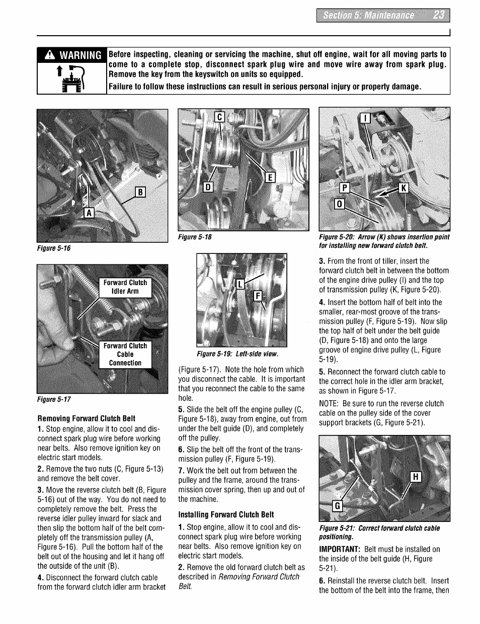 Removing forward clutch belt, Installing forward clutch belt, Warning | Troy-Bilt PONY 664DM User Manual | Page 23 / 44