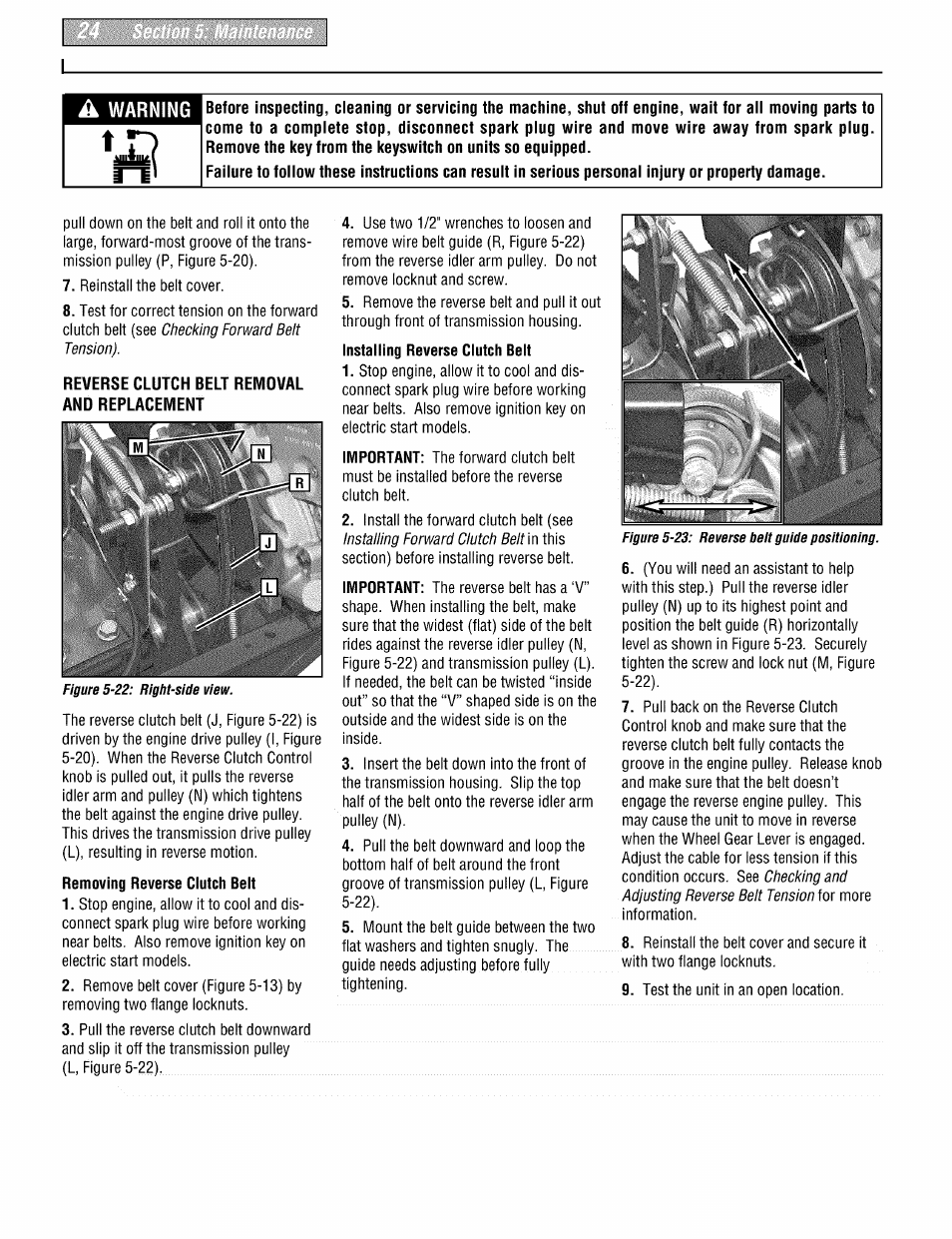 Reverse clutch belt removal and replacement, Removing reverse clutch belt, Warning | Troy-Bilt PONY 664DM User Manual | Page 24 / 44