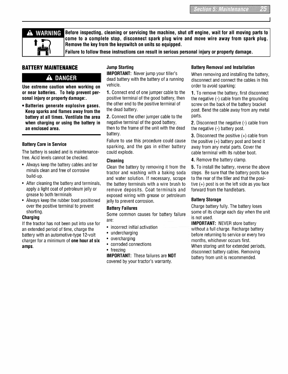 Battery maintenance, A danger, Jump starting | Battery removal and installation, Battery storage, Warning, Danger | Troy-Bilt PONY 664DM User Manual | Page 25 / 44