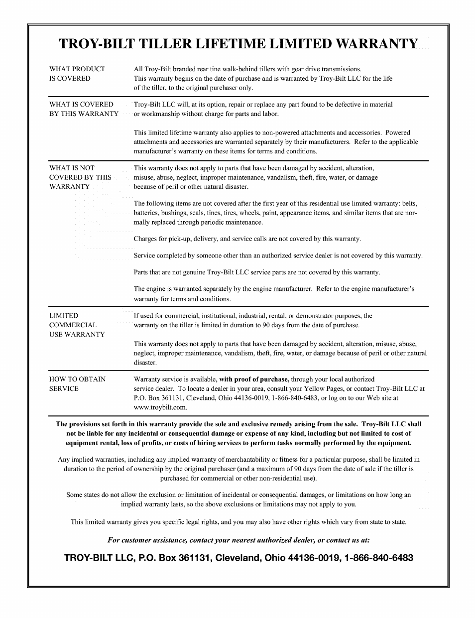 Troy-bilt tiller lifetime limited warranty | Troy-Bilt PONY 664DM User Manual | Page 44 / 44