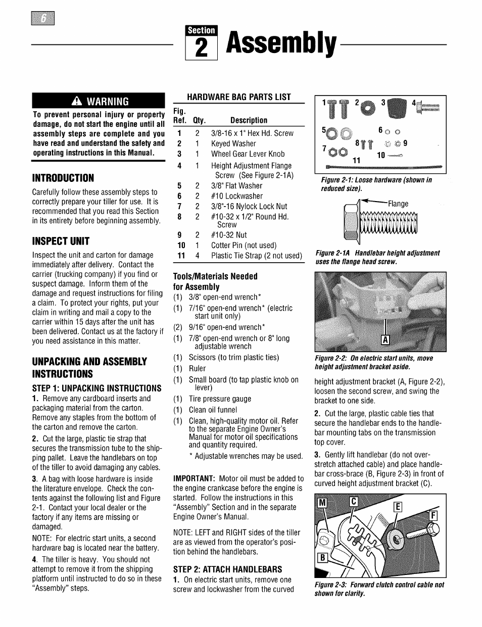 2 assembly, A warning, Step 1: unpacking instructions | Step 2: ahach handlebars, Assembly, Warning | Troy-Bilt PONY 664DM User Manual | Page 6 / 44