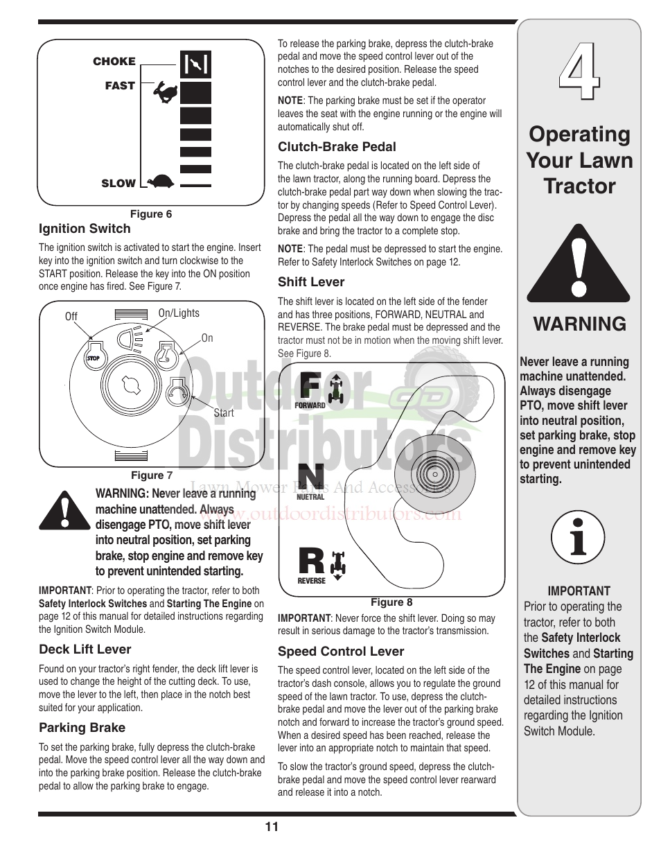 Operating your lawn tractor, Warning | Troy-Bilt Transmatic Lawn Tractor 77T User Manual | Page 11 / 48