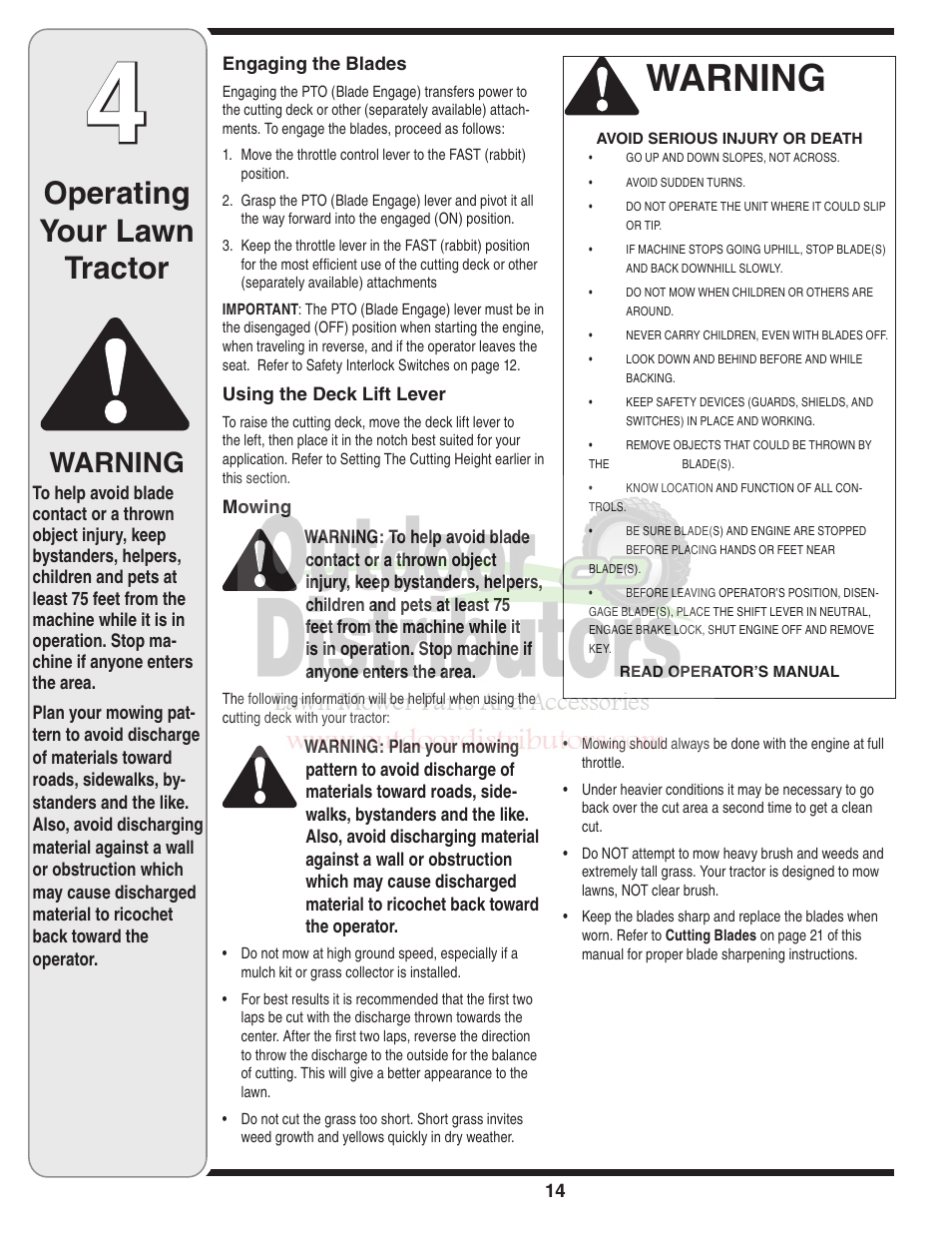 Warning, Operating your lawn tractor | Troy-Bilt Transmatic Lawn Tractor 77T User Manual | Page 14 / 48