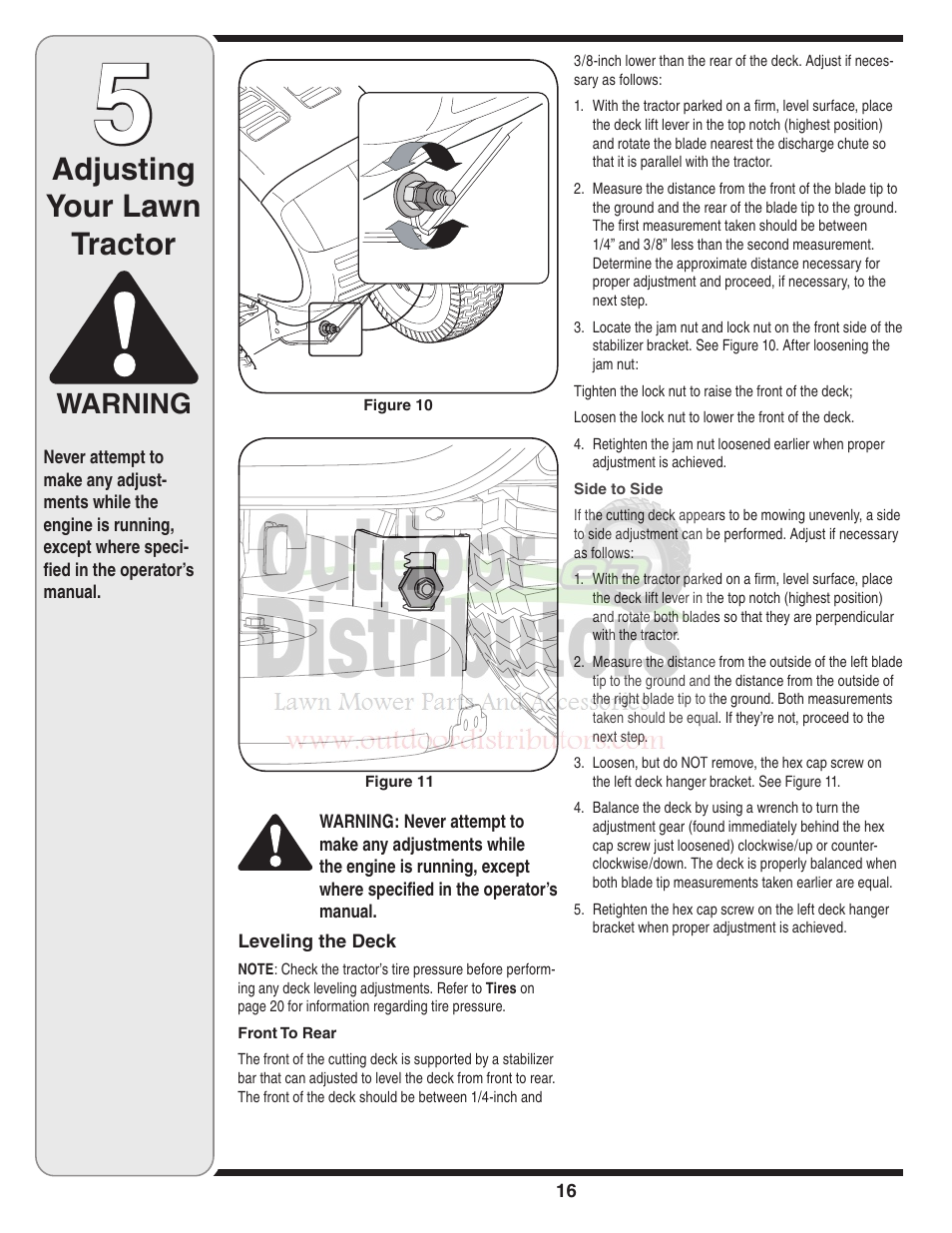 Adjusting your lawn tractor, Warning | Troy-Bilt Transmatic Lawn Tractor 77T User Manual | Page 16 / 48