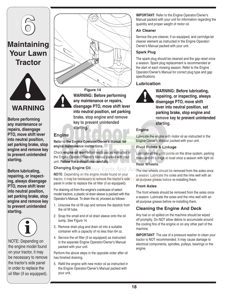 Maintaining your lawn tractor, Warning | Troy-Bilt Transmatic Lawn Tractor 77T User Manual | Page 18 / 48