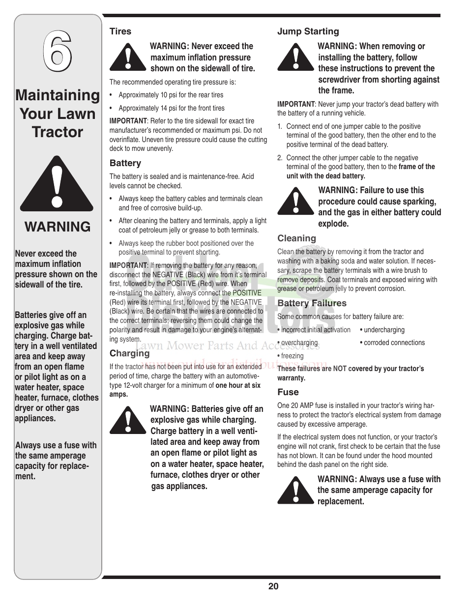 Maintaining your lawn tractor, Warning | Troy-Bilt Transmatic Lawn Tractor 77T User Manual | Page 20 / 48