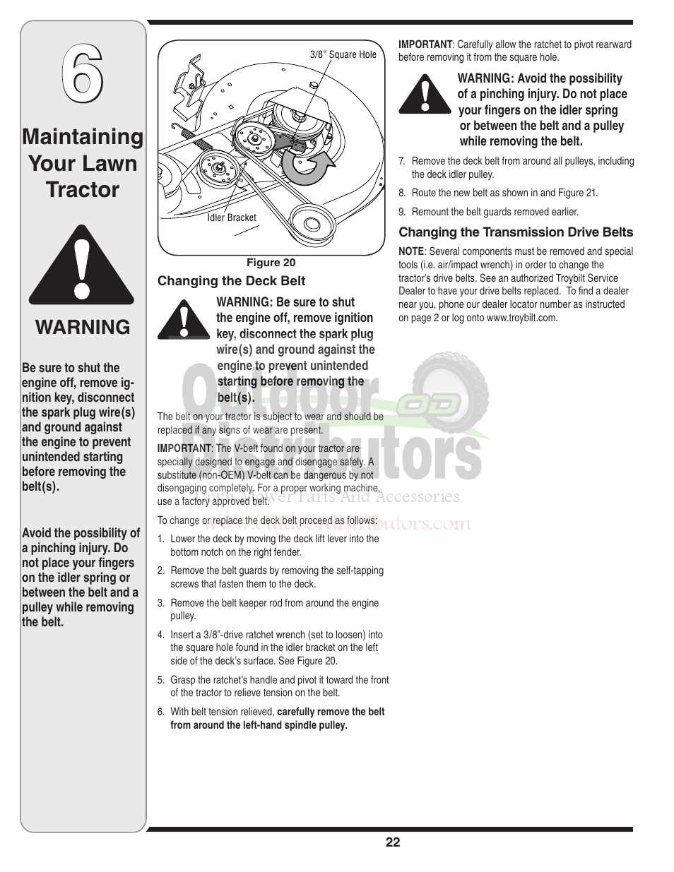 Maintaining your lawn tractor, Warning | Troy-Bilt Transmatic Lawn Tractor 77T User Manual | Page 22 / 48
