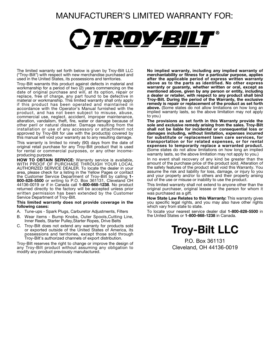 Troy-bilt llc, Manufacturer’s limited warranty for | Troy-Bilt 2-Cycle Gasoline Trimmer/Brushcutter TB90BC User Manual | Page 20 / 64