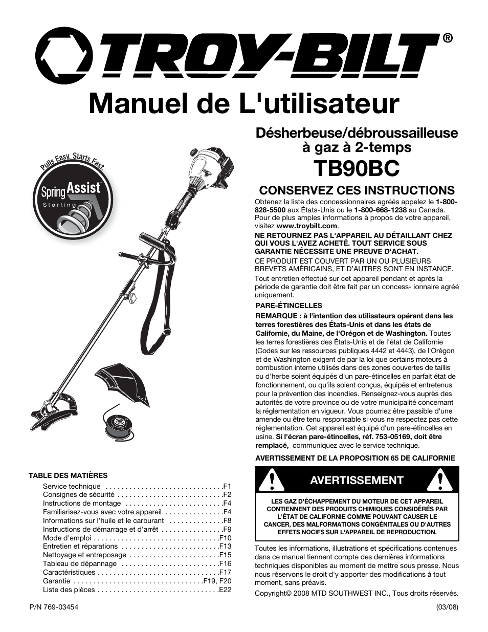 Manuel de l'utilisateur, Tb90bc, Désherbeuse/débroussailleuse à gaz à 2-temps | Conservez ces instructions, Avertissement | Troy-Bilt 2-Cycle Gasoline Trimmer/Brushcutter TB90BC User Manual | Page 21 / 64