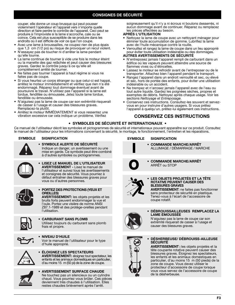 Conservez ces instructions | Troy-Bilt 2-Cycle Gasoline Trimmer/Brushcutter TB90BC User Manual | Page 23 / 64