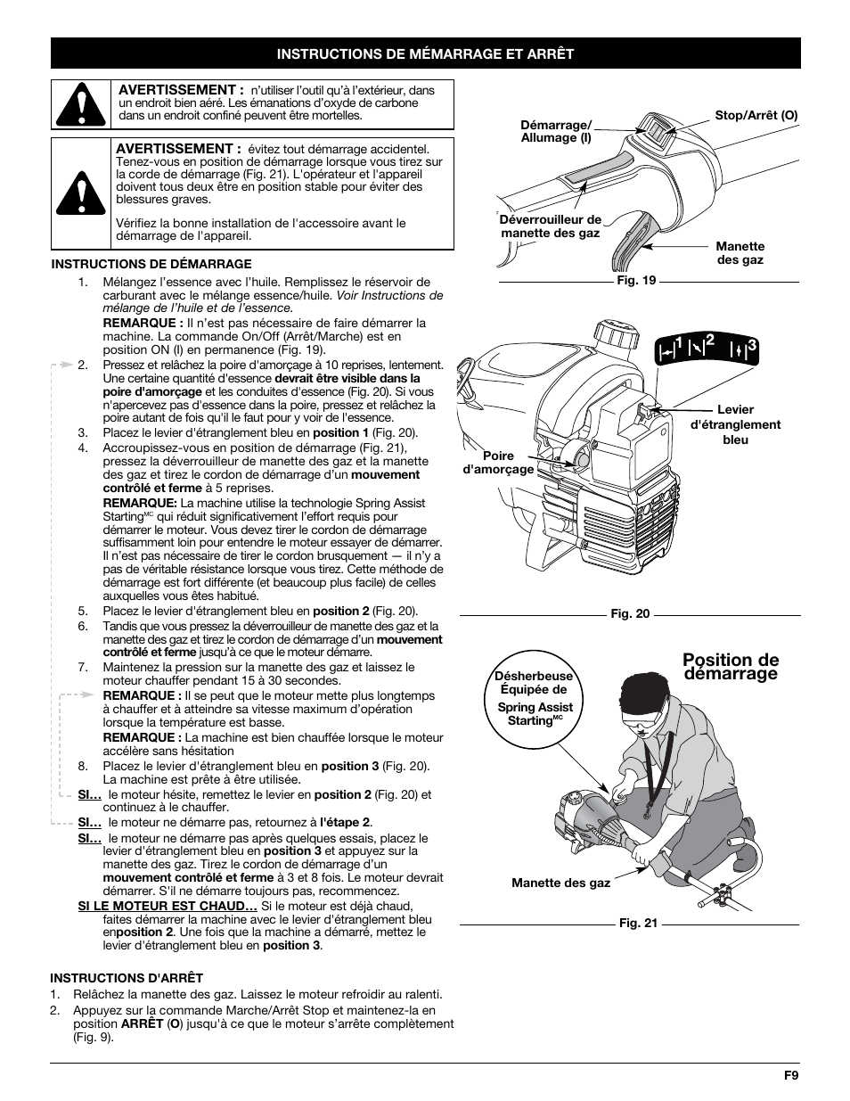 Position de démarrage | Troy-Bilt 2-Cycle Gasoline Trimmer/Brushcutter TB90BC User Manual | Page 29 / 64
