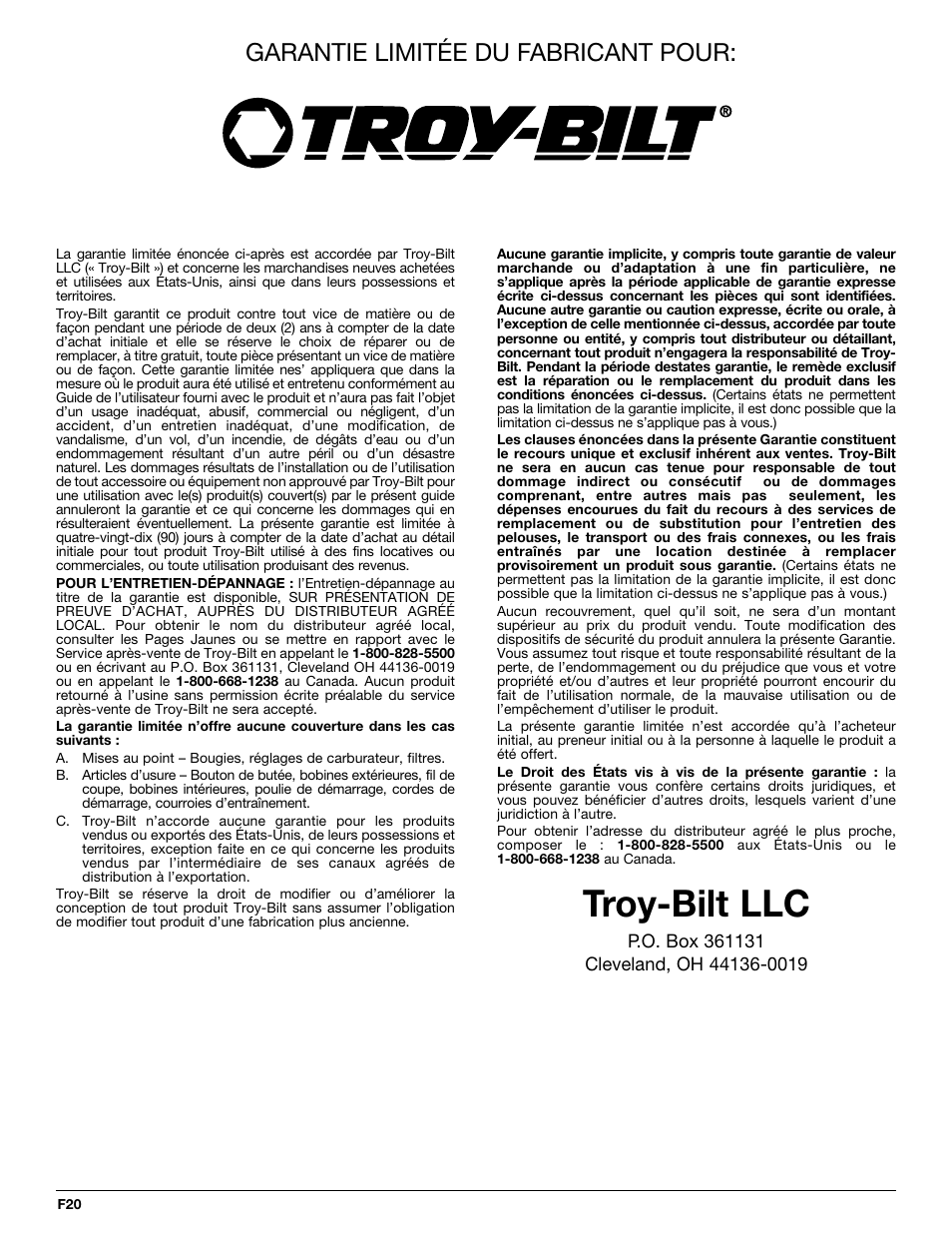 Troy-bilt llc, Garantie limitée du fabricant pour | Troy-Bilt 2-Cycle Gasoline Trimmer/Brushcutter TB90BC User Manual | Page 40 / 64