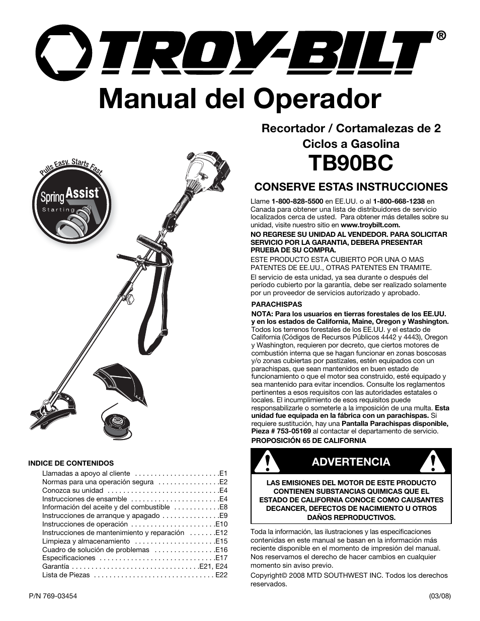 Manual del operador, Tb90bc, Recortador / cortamalezas de 2 ciclos a gasolina | Conserve estas instrucciones, Advertencia | Troy-Bilt 2-Cycle Gasoline Trimmer/Brushcutter TB90BC User Manual | Page 41 / 64