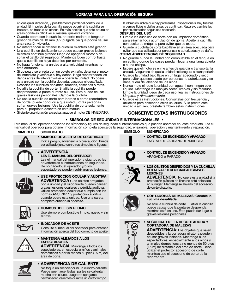 Conserve estas instrucciones | Troy-Bilt 2-Cycle Gasoline Trimmer/Brushcutter TB90BC User Manual | Page 43 / 64