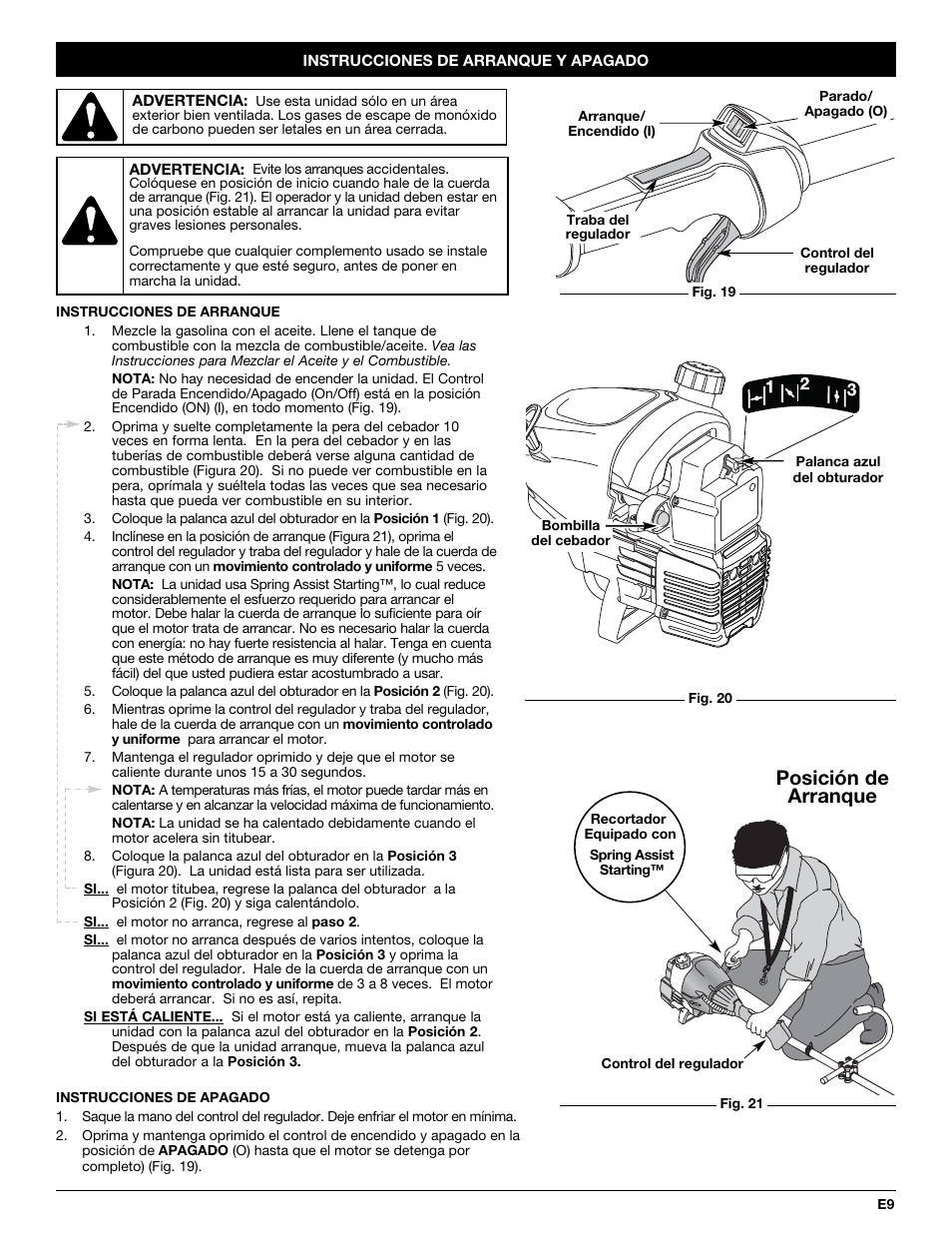 Posición de arranque | Troy-Bilt 2-Cycle Gasoline Trimmer/Brushcutter TB90BC User Manual | Page 49 / 64