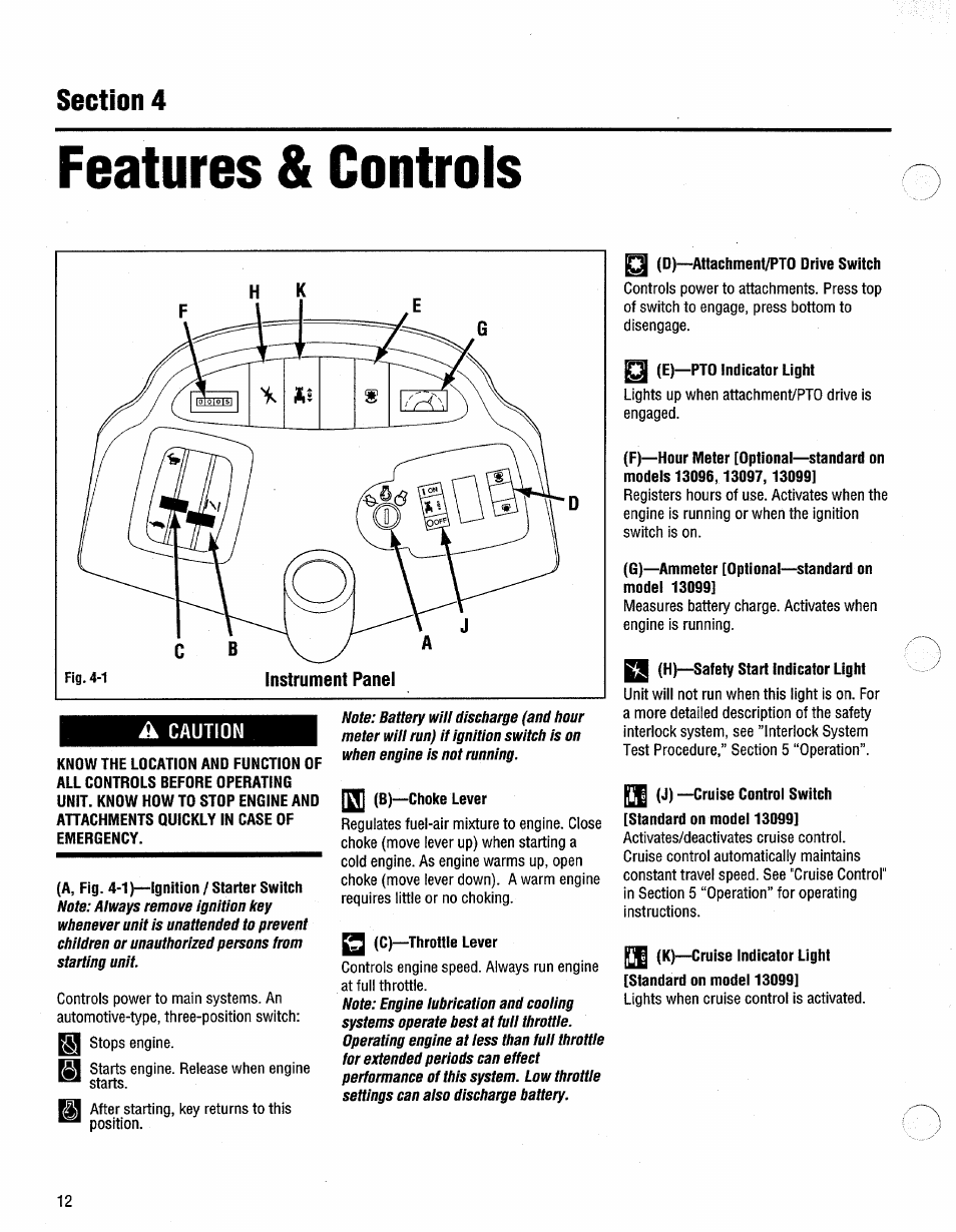 Features & controls, A caution, Ffl (b)—choke lever | 2 (c)—throttle lever, 0)—attachment/pto drive switch, E)—pto indicator light, G) —ammeter [optional—standard on model 13099, H)—safety start indicator light, J) —cruise controi switch, K)—cruise indicator light | Troy-Bilt 13096 User Manual | Page 12 / 36