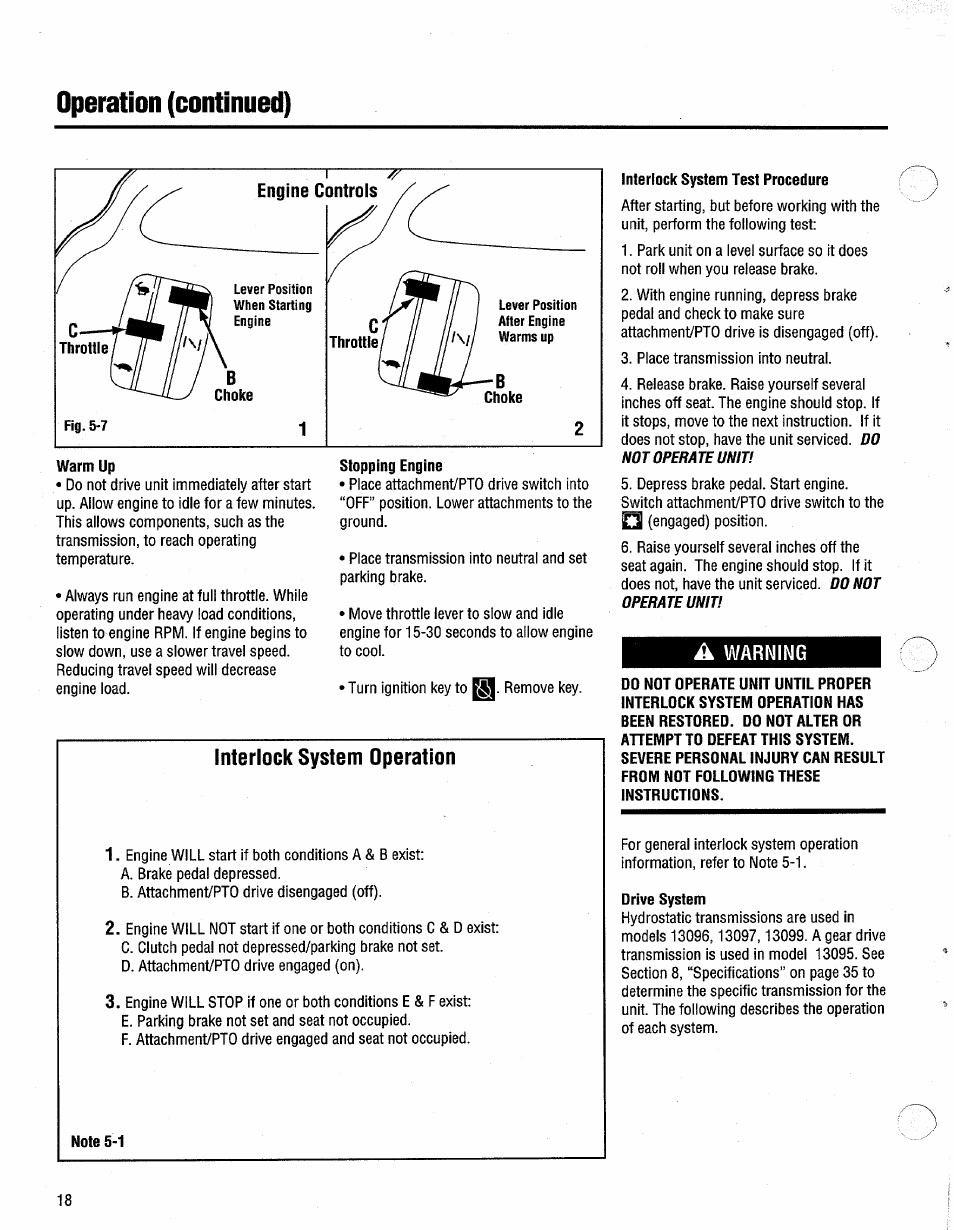 Warm up, Stopping engine, Note 5-1 | Interlock system test procedure, A warning, Drive system, Sloping engine interlock system test drive system, Operation (continued), Interlock system operation | Troy-Bilt 13096 User Manual | Page 18 / 36