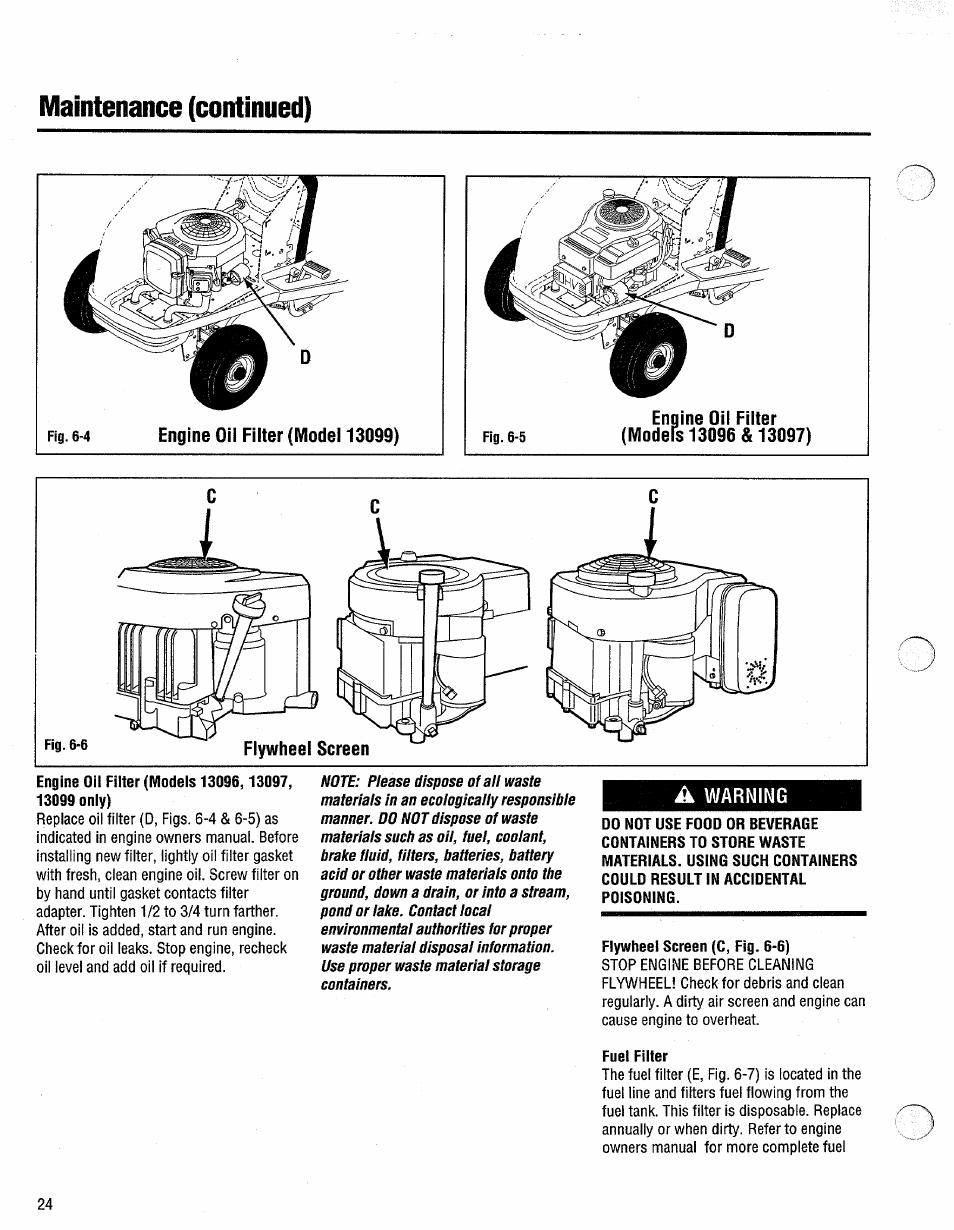 Flywheel screen (c, fig. 6-6), Fuel filter, Maintenance (continued) | Troy-Bilt 13096 User Manual | Page 24 / 36