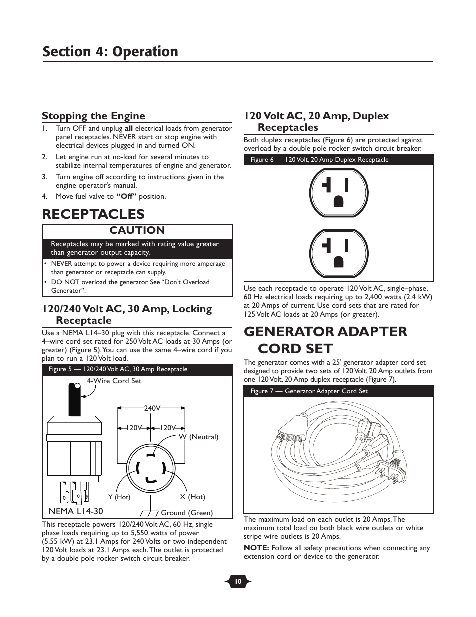 Receptacles, Generator adapter cord set, Stopping the engine | Caution | Troy-Bilt 030245 User Manual | Page 10 / 28