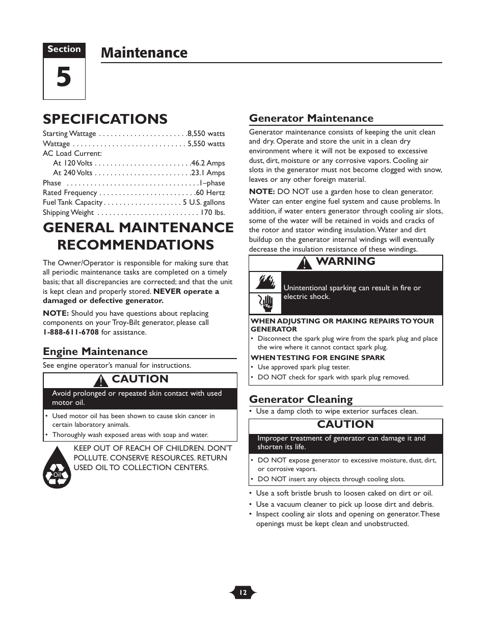 Specifications, General maintenance recommendations, Maintenance | Troy-Bilt 030245 User Manual | Page 12 / 28