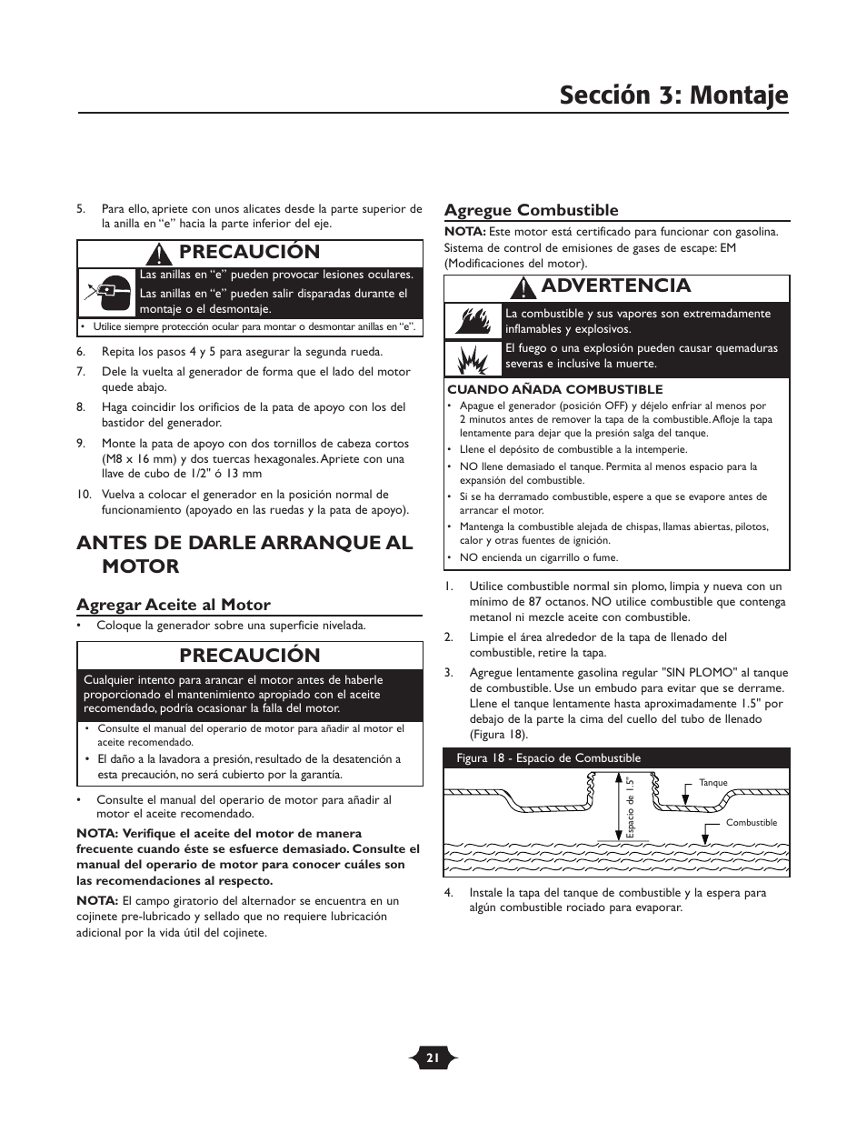 Sección 3: montaje, Antes de darle arranque al motor, Precaución | Advertencia, Agregar aceite al motor, Agregue combustible | Troy-Bilt 030245 User Manual | Page 21 / 28