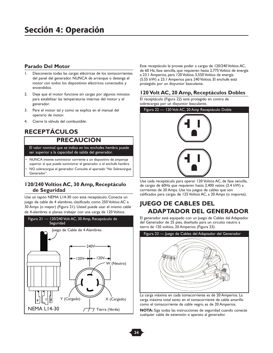 Sección 4: operación, Receptáculos, Juego de cables del adaptador del generador | Precaución | Troy-Bilt 030245 User Manual | Page 24 / 28