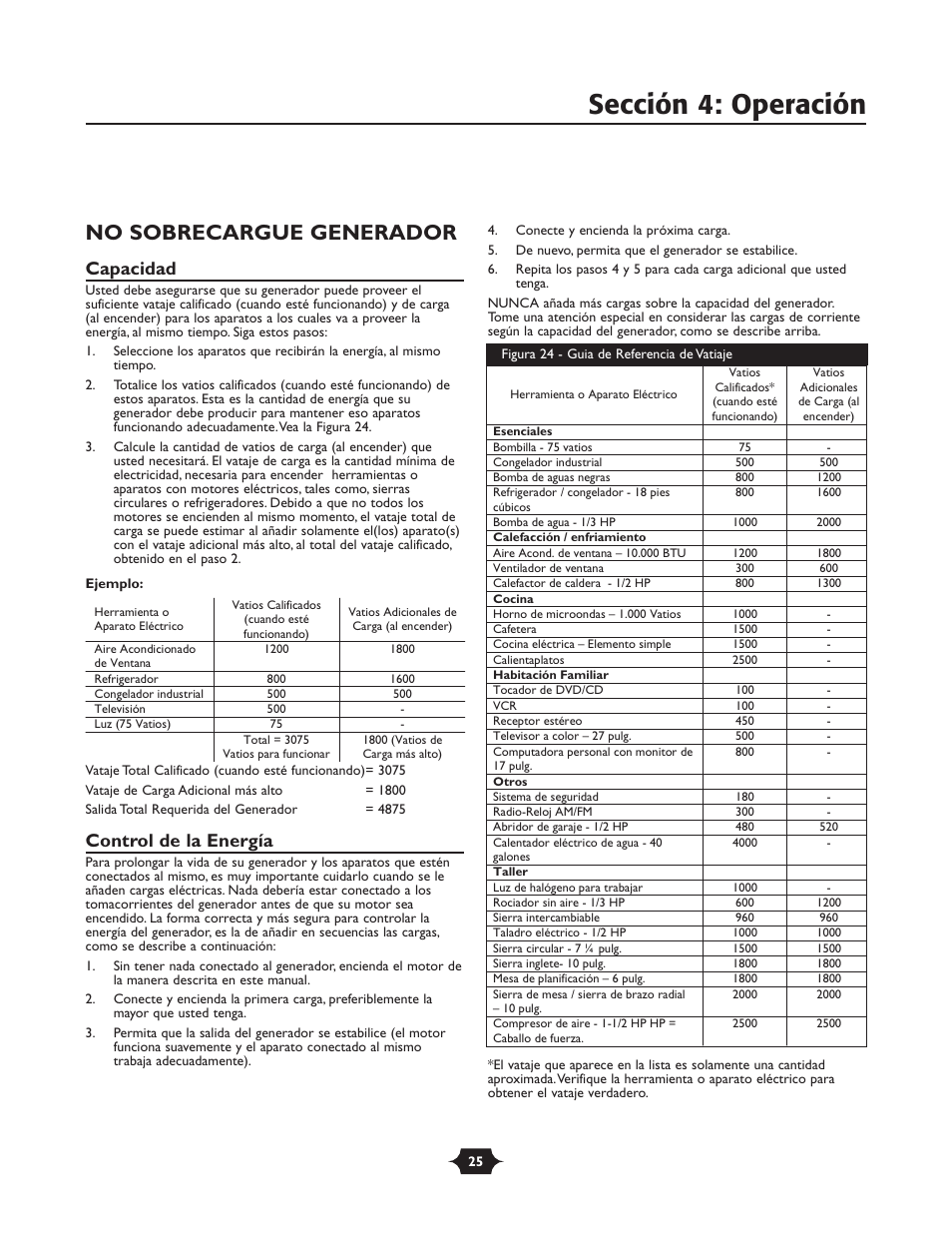 Sección 4: operación, No sobrecargue generador, Capacidad | Control de la energía | Troy-Bilt 030245 User Manual | Page 25 / 28