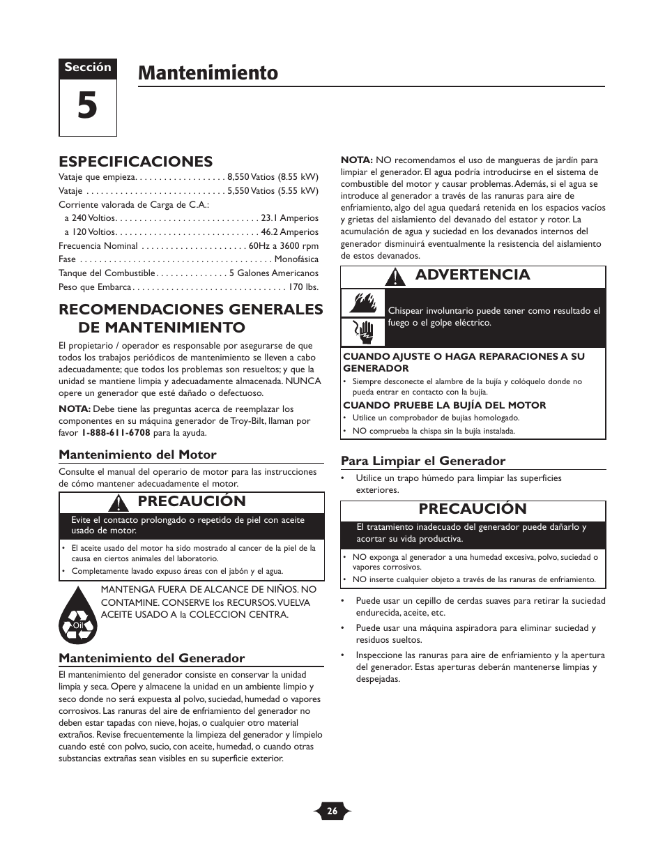 Mantenimiento, Especificaciones, Recomendaciones generales de mantenimiento | Precaución, Advertencia | Troy-Bilt 030245 User Manual | Page 26 / 28