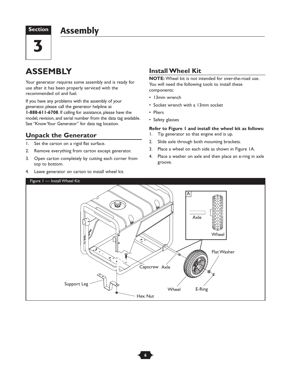 Assembly, Unpack the generator, Install wheel kit | Troy-Bilt 030245 User Manual | Page 6 / 28