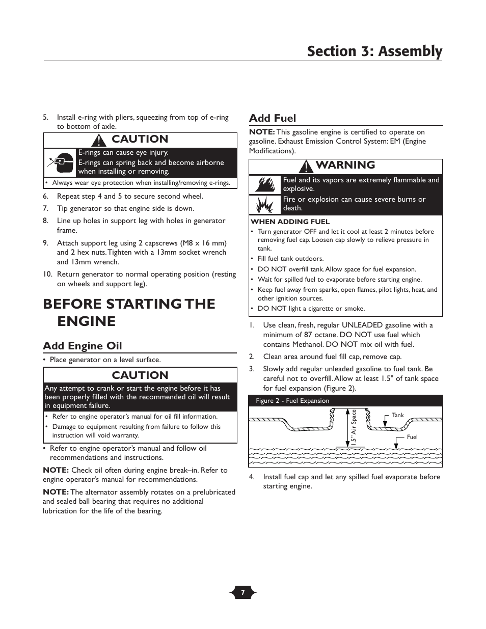 Before starting the engine, Add engine oil, Add fuel | Caution, Warning | Troy-Bilt 030245 User Manual | Page 7 / 28
