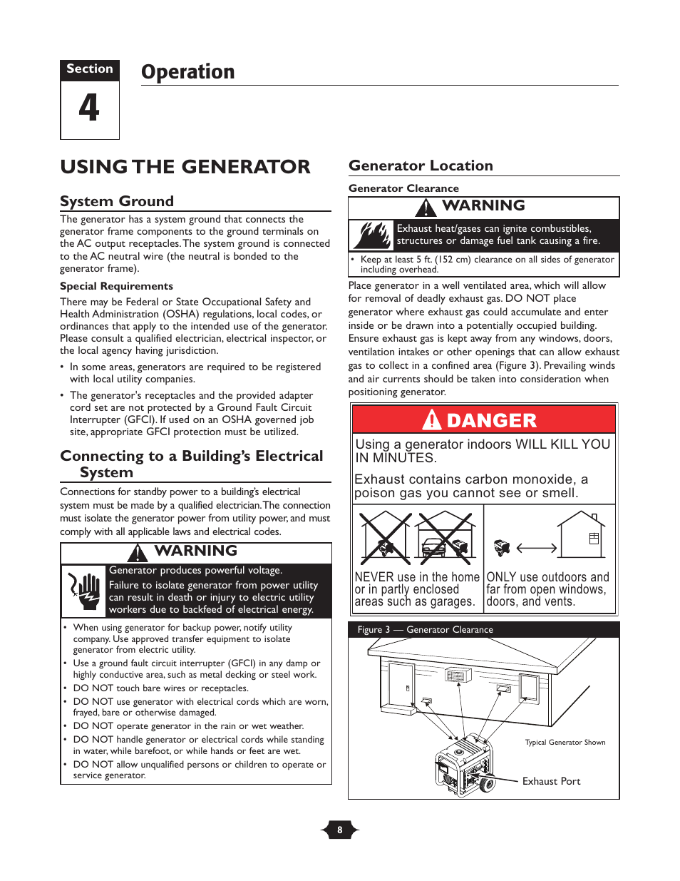 Using the generator, Operation, System ground | Connecting to a building’s electrical system, Generator location, Warning | Troy-Bilt 030245 User Manual | Page 8 / 28