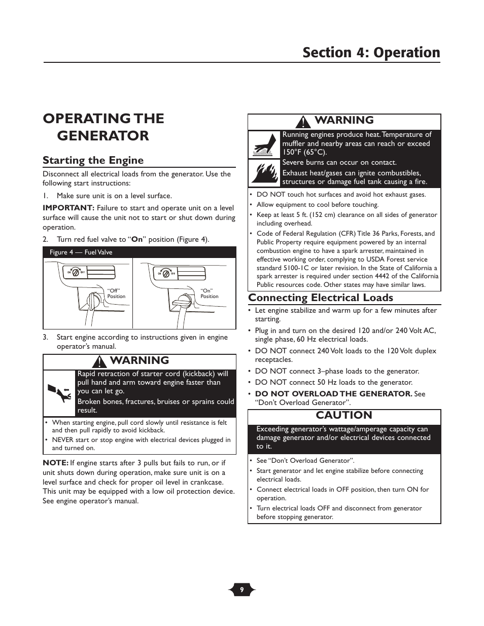 Operating the generator, Starting the engine, Connecting electrical loads | Caution, Warning | Troy-Bilt 030245 User Manual | Page 9 / 28