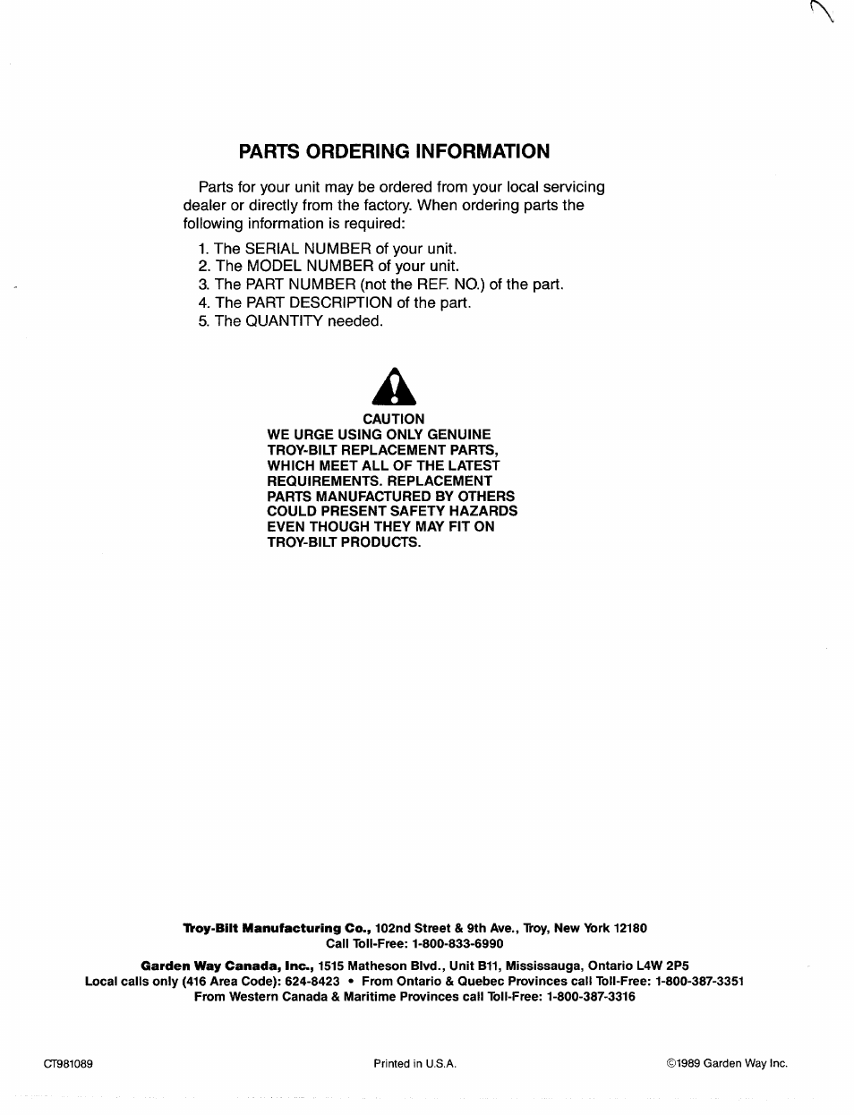 Parts ordering information | Troy-Bilt 3114GR User Manual | Page 16 / 16