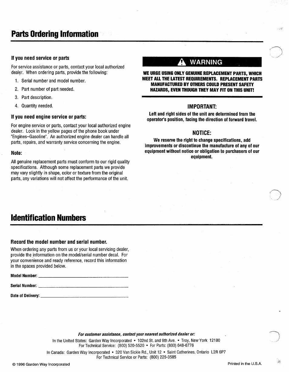 Warning, Important, Notice | Parts ordering information, Identification numbers | Troy-Bilt 13076-GTX 20 User Manual | Page 28 / 28