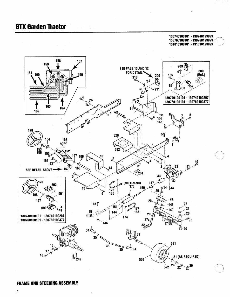 Fraiue and steering assembly, Gtx garden tractor | Troy-Bilt 13076-GTX 20 User Manual | Page 4 / 28