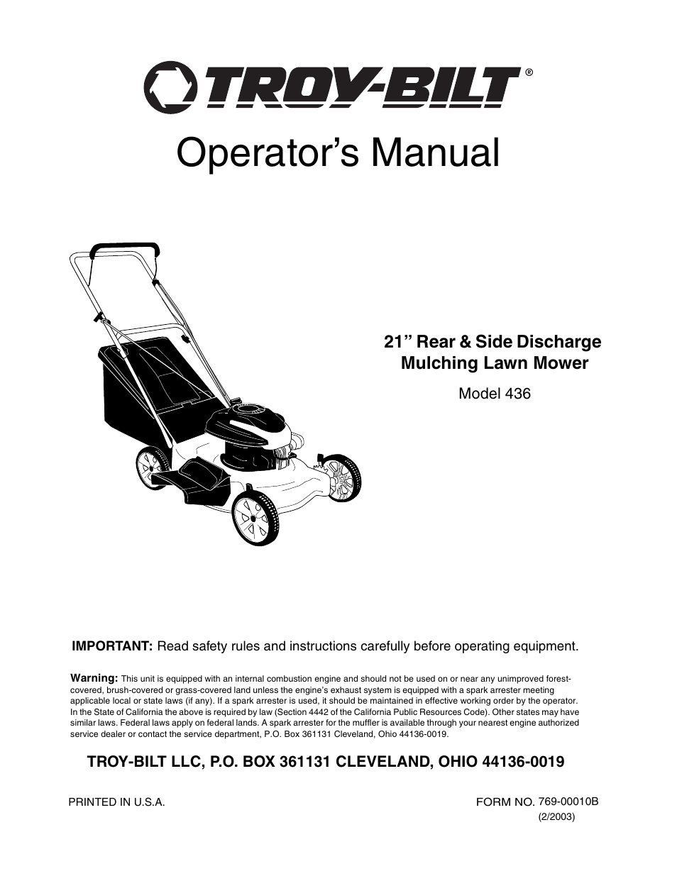 Troy-Bilt 436 User Manual | 20 pages