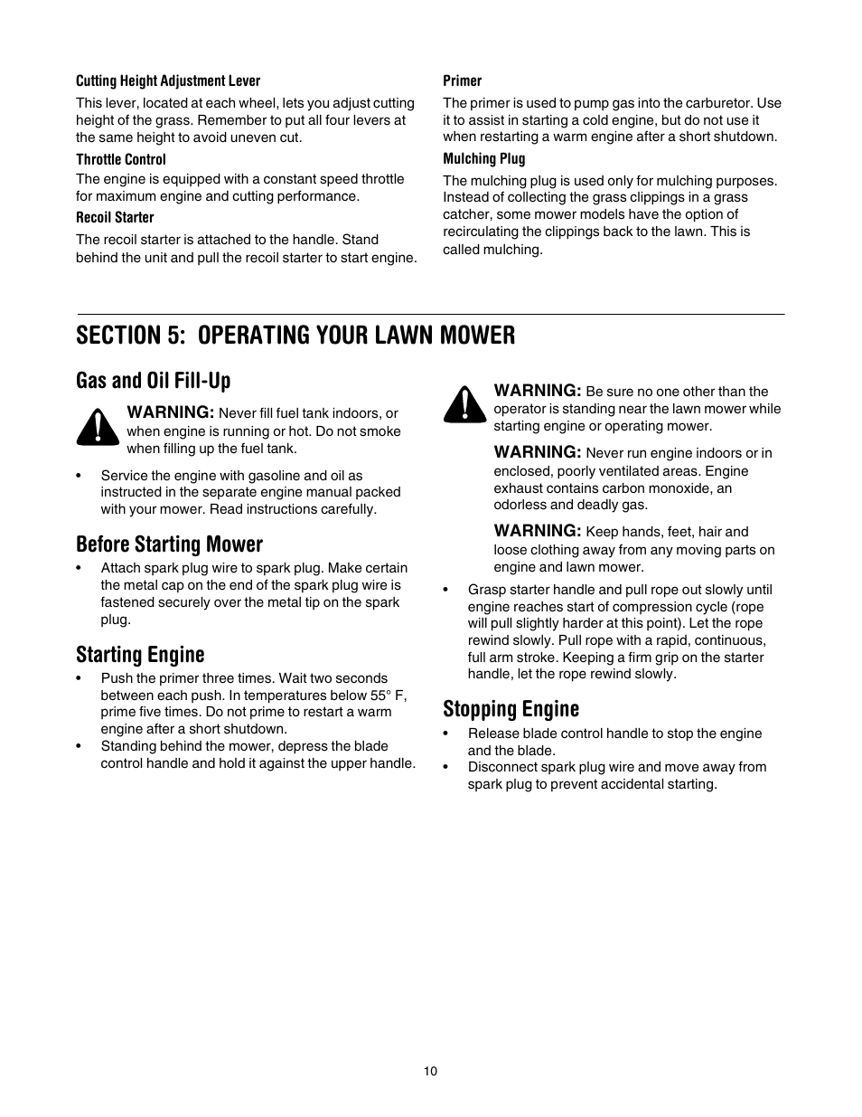 Gas and oil fill-up, Before starting mower, Starting engine | Stopping engine | Troy-Bilt 436 User Manual | Page 10 / 20