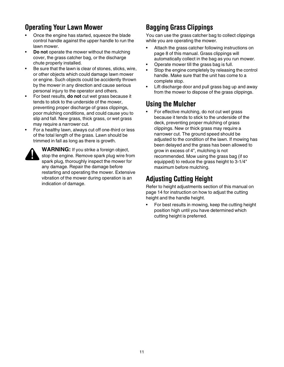 Operating your lawn mower, Bagging grass clippings, Using the mulcher | Adjusting cutting height | Troy-Bilt 436 User Manual | Page 11 / 20