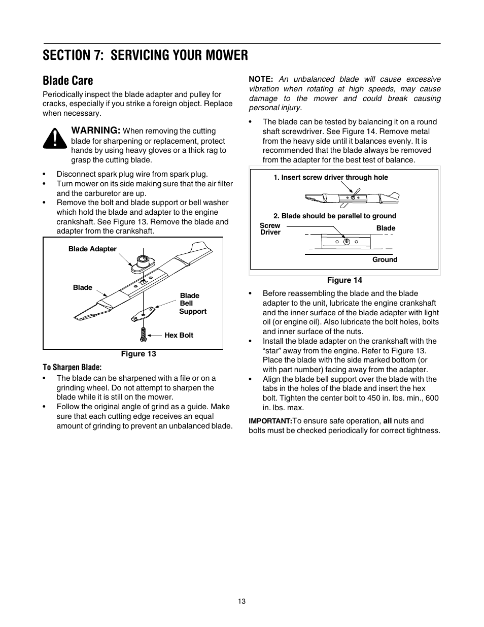 Blade care | Troy-Bilt 436 User Manual | Page 13 / 20