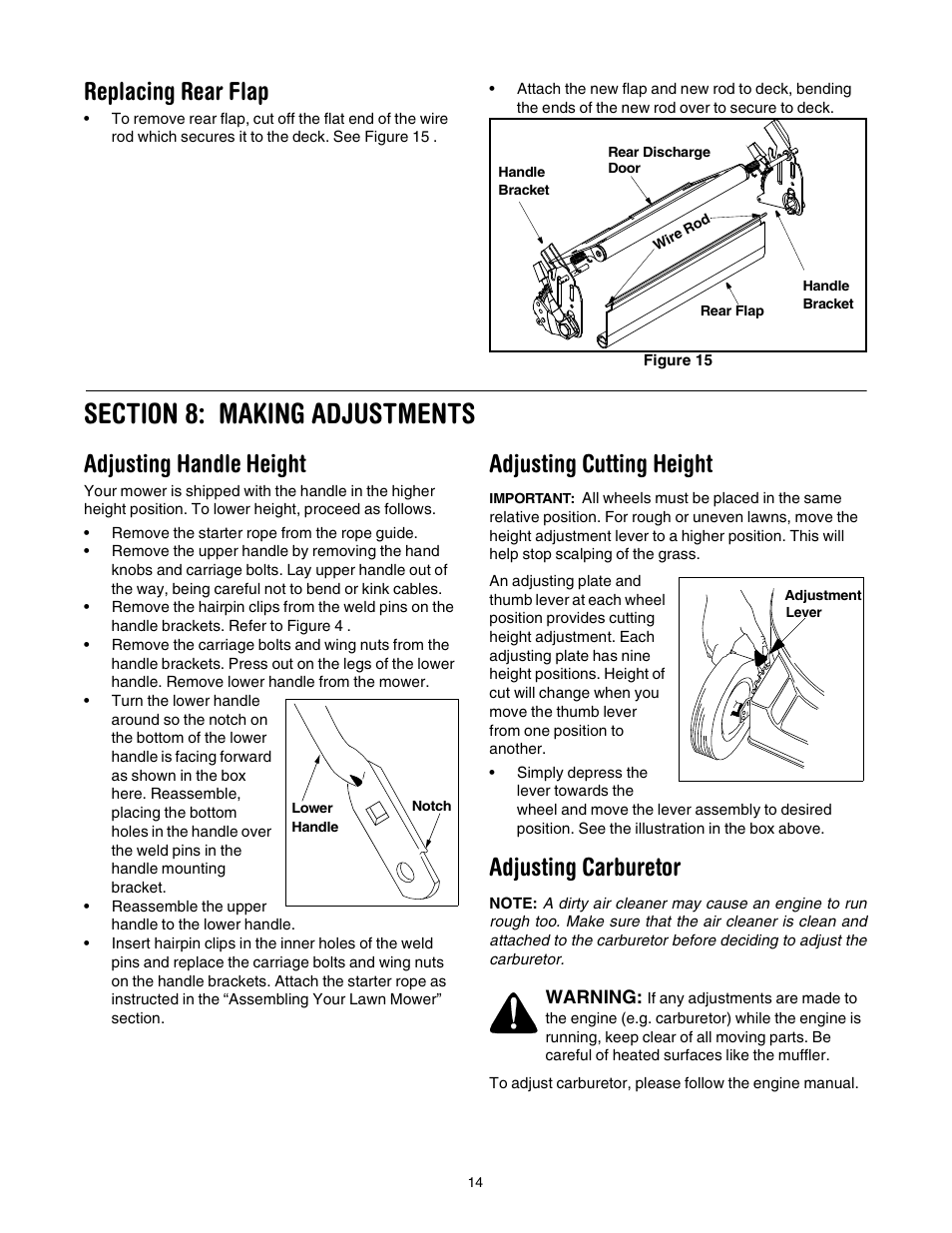 Replacing rear flap, Adjusting handle height, Adjusting cutting height | Adjusting carburetor | Troy-Bilt 436 User Manual | Page 14 / 20