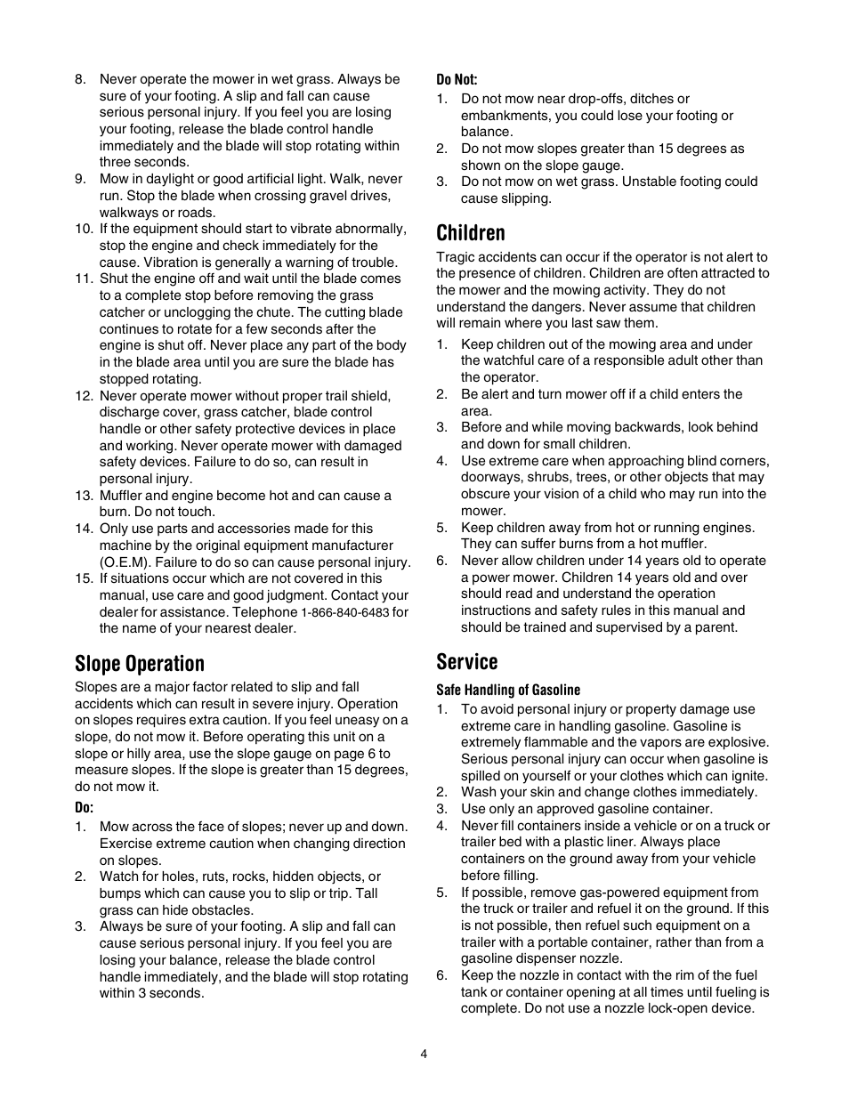 Slope operation, Children, Service | Troy-Bilt 436 User Manual | Page 4 / 20