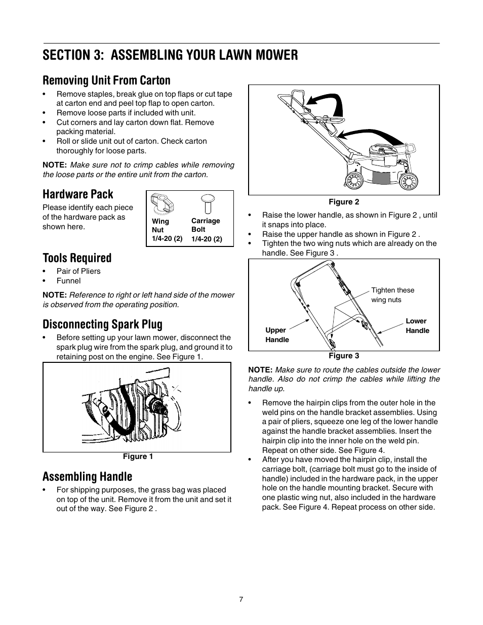 Removing unit from carton, Hardware pack, Tools required | Disconnecting spark plug, Assembling handle | Troy-Bilt 436 User Manual | Page 7 / 20