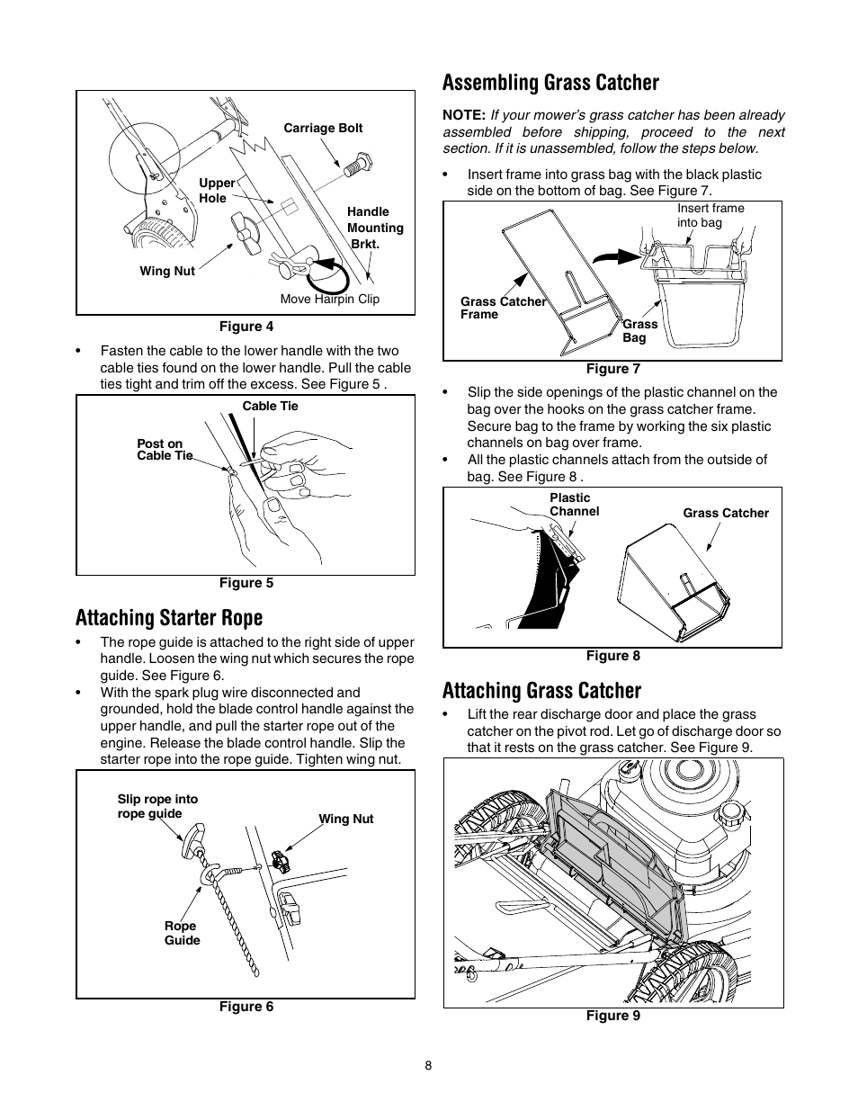 Attaching starter rope, Assembling grass catcher, Attaching grass catcher | Troy-Bilt 436 User Manual | Page 8 / 20